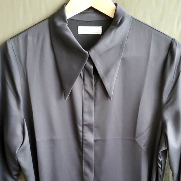 OAK+FORT Shirt Dress Soft Sheen Satin Black Pointy Collar S - Picture 3 of 15